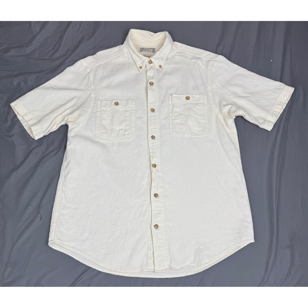 Duluth Trading Co Mens Medium Hemp Organic Cotton Short Sleeve Shirt Cream White
